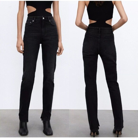 Zara Split Hem Slim Jeans Black High-Rise Full Length Straight Leg Size 12 - Picture 4 of 15